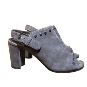 Stuart Weitzman Commodore Charcoal Grey Suede Studded Peep Toe Heels Size 6.5